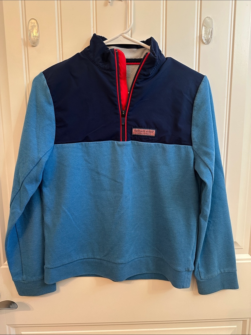 Vineyard Vines Light Blue and Navy Half-Zip Pullover with Red Trim